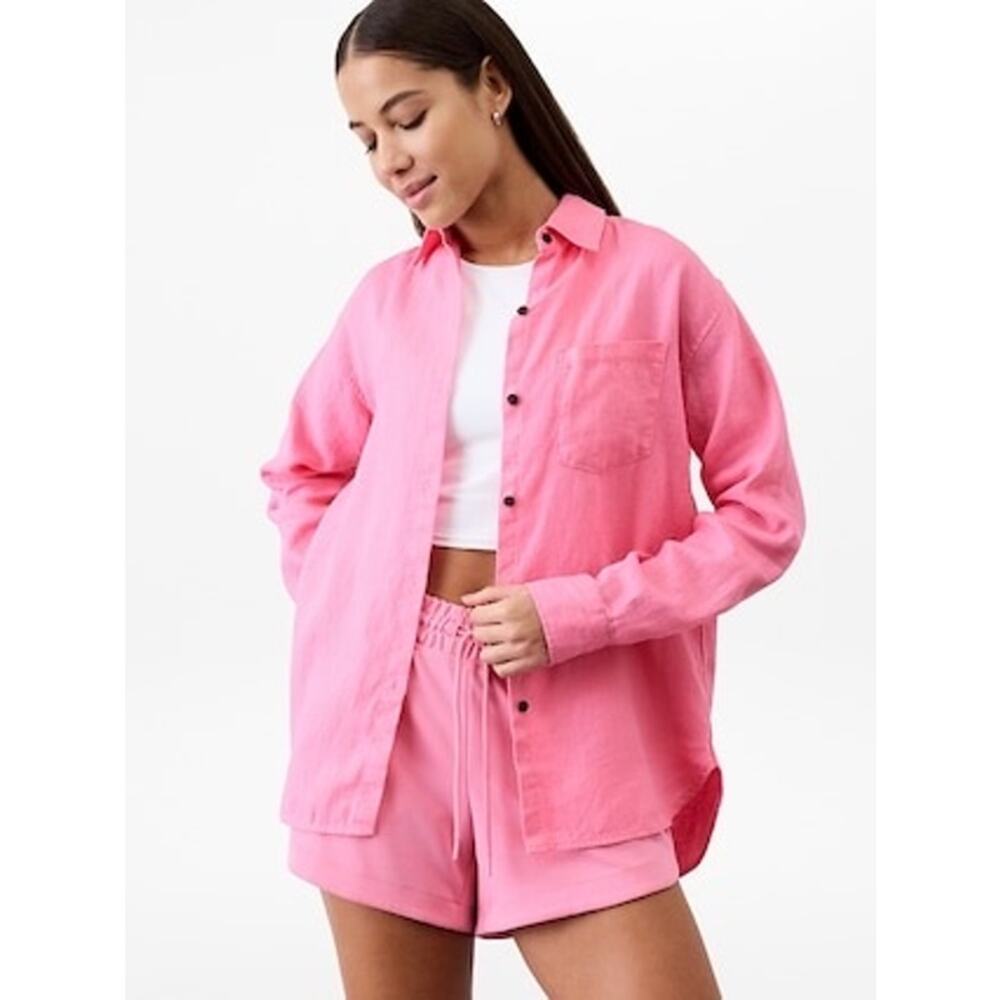 Athleta Solstice 100% Linen Button Down Shirt XL Pink